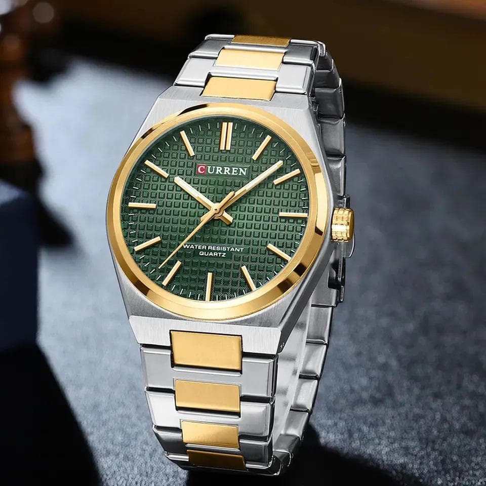 Curren 8439 Luxury Stainless Steel Men's Watch–Silver Gold & Green