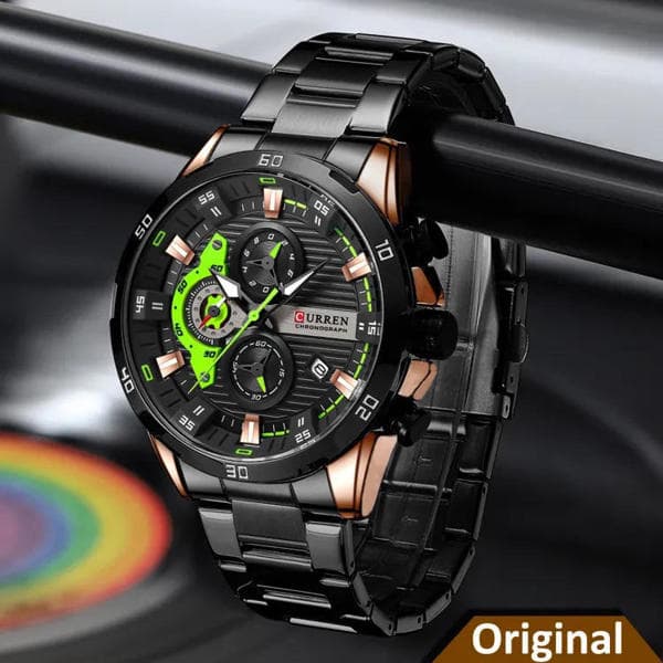 Curren 8402 Stainless Steel Chronograph Watch for Men -Black Green