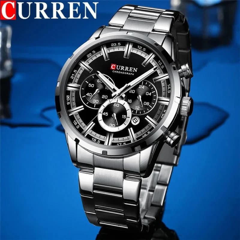 CURREN 8355 Multi-function Steel Strap Watch for Men – Silver & Black