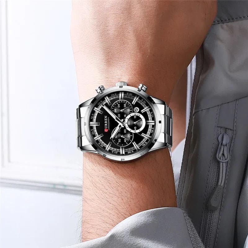 CURREN 8355 Multi-function Steel Strap Watch for Men – Silver & Black