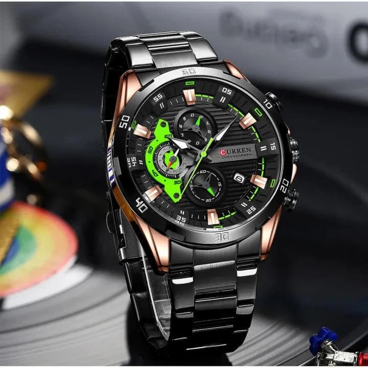Curren 8402 Stainless Steel Chronograph Watch for Men -Black Green