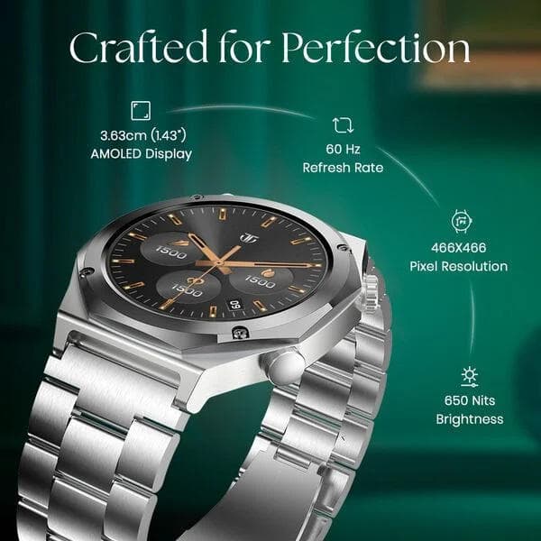 Titan Maestro Premium Metal Smartwatch with All SS construction, SingleSync BT Calling, Functional Crown