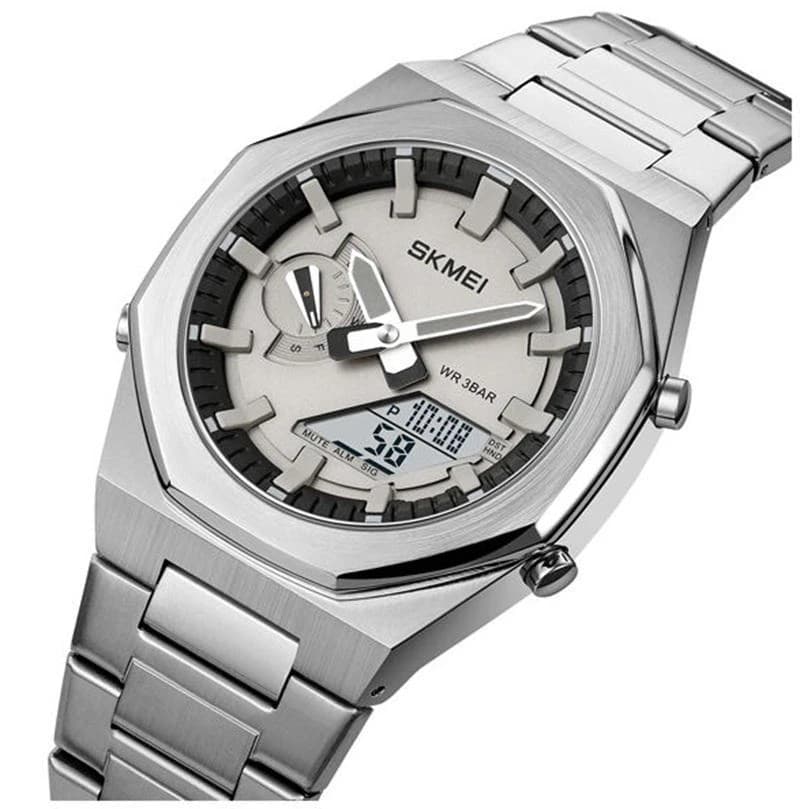 SKMEI 1816 Luxury Quartz Dual Time Stainless Steel Digital LED Watch for Men- Silver
