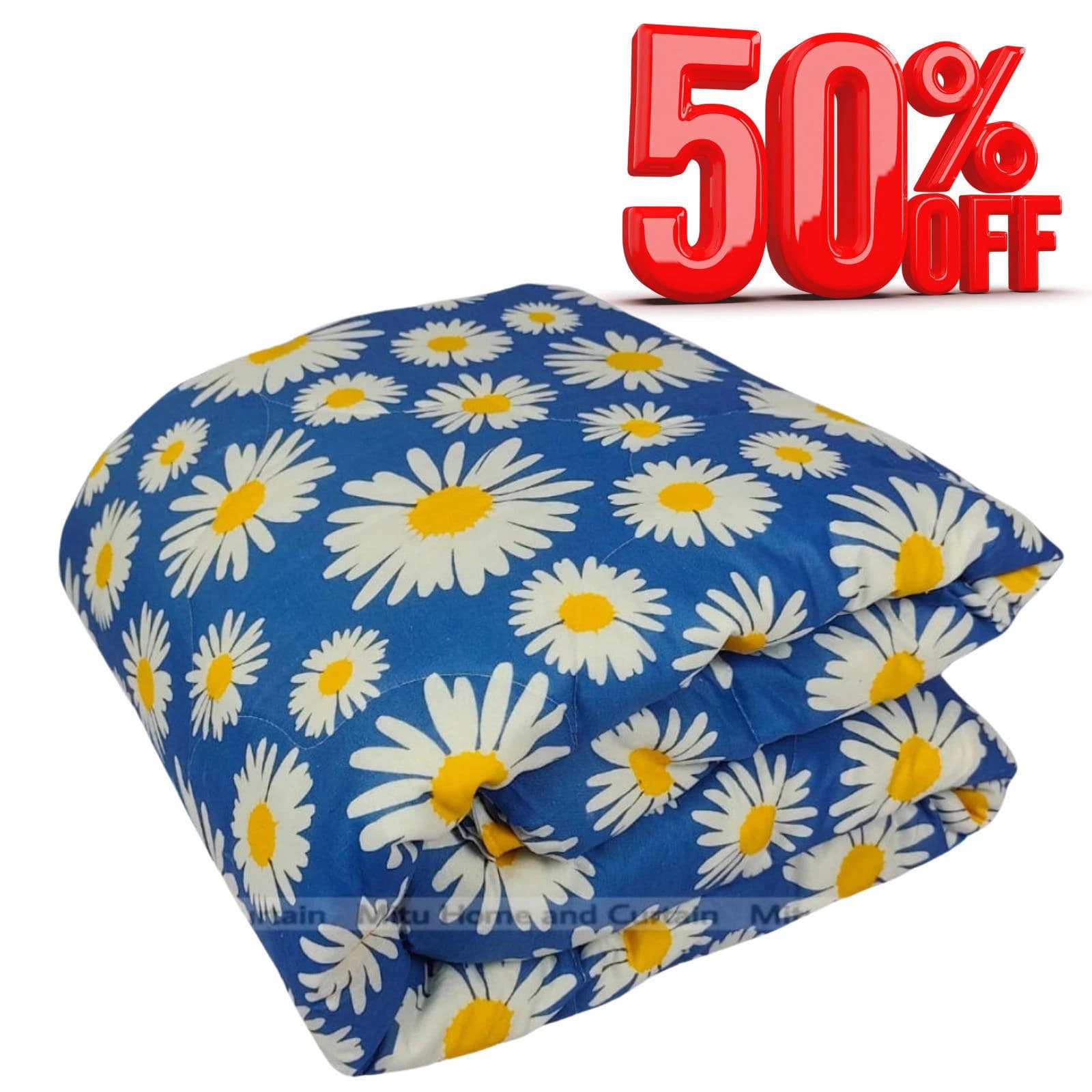 Economic Semi-Double European Cube Style Winter Comforter, 60*84 in / 5*7 ft (Sky Blue Flower)