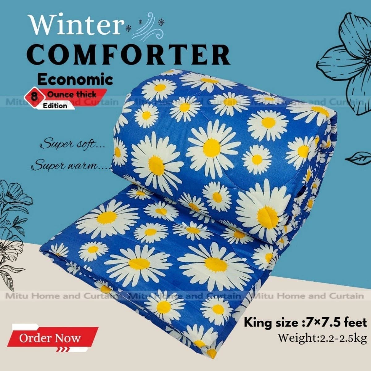King Size Economic Winter Comforter with European Cube Design, 84*90 in / 7*7.5 ft (Sky Blue Flower)