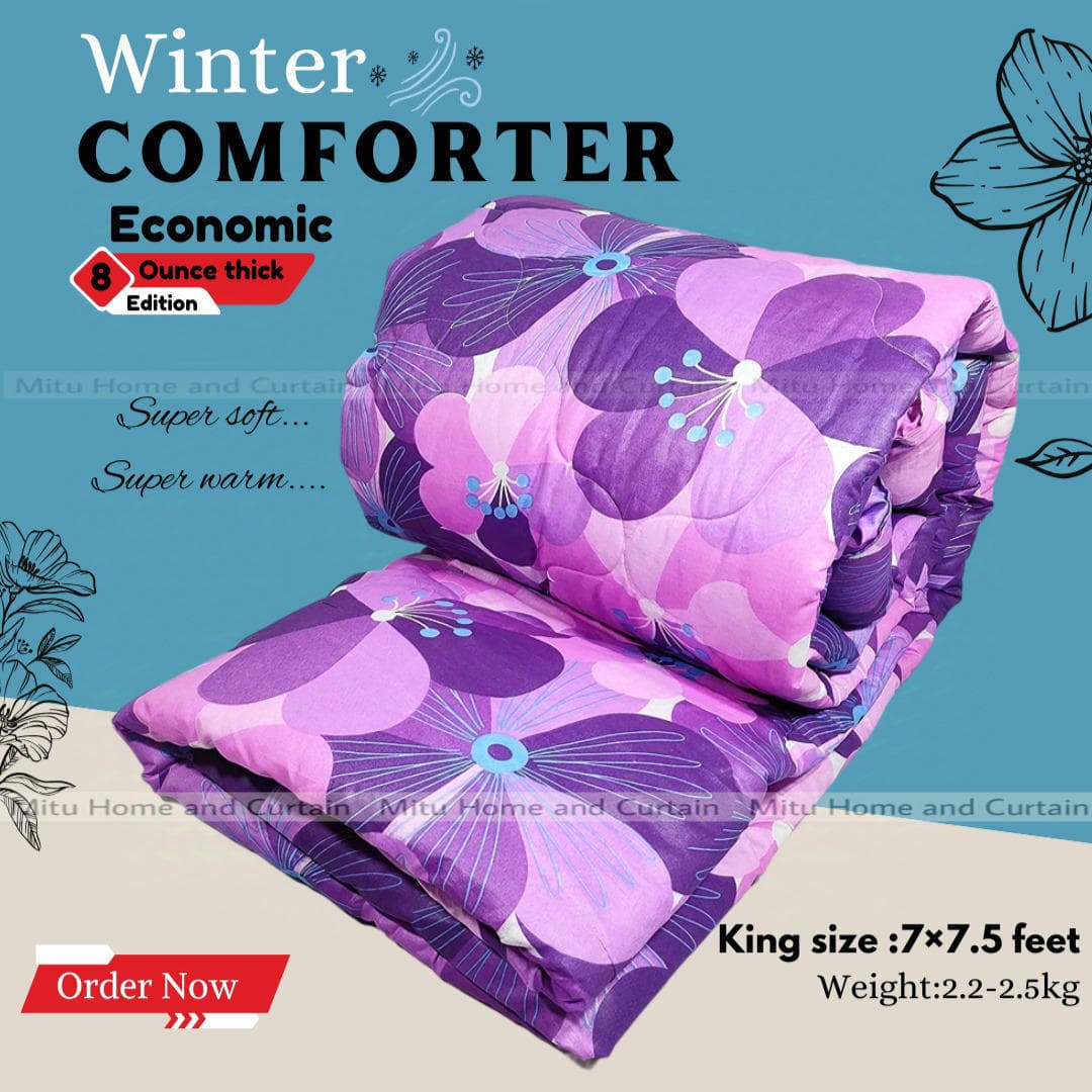 King Size Economic Winter Comforter with European Cube Design, 84*90 in / 7*7.5 ft (Purple Flower)