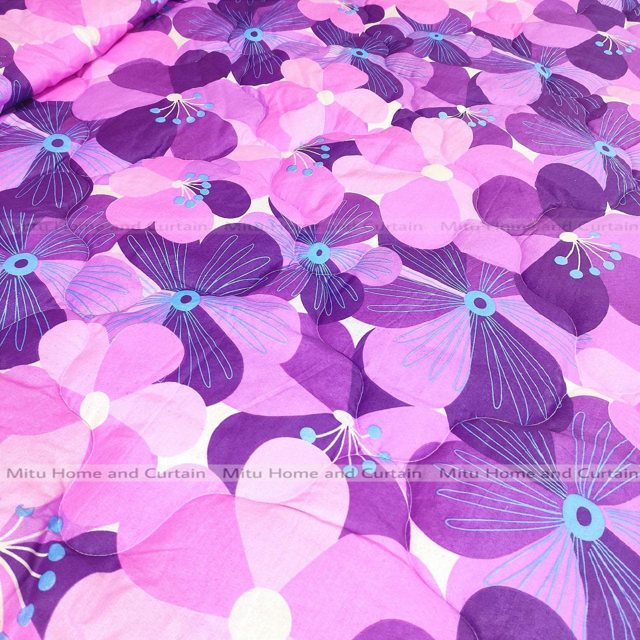 King Size Economic Winter Comforter with European Cube Design, 84*90 in / 7*7.5 ft (Purple Flower)