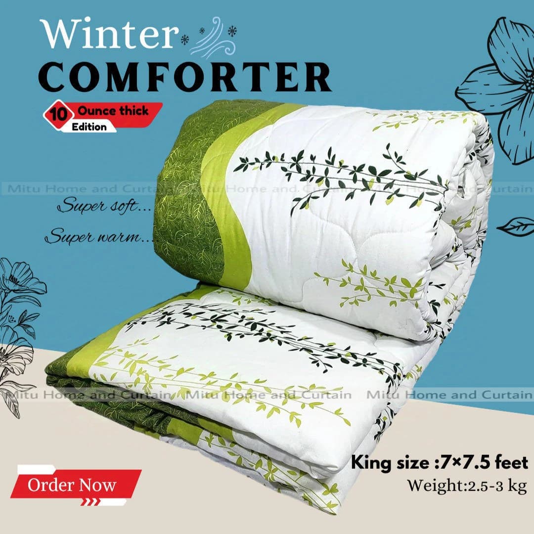 King Size Exclusive Cotton Fabric Winter Comforter with European Cube Design, 84*90 in / 7*7.5 ft (Emerald Green)