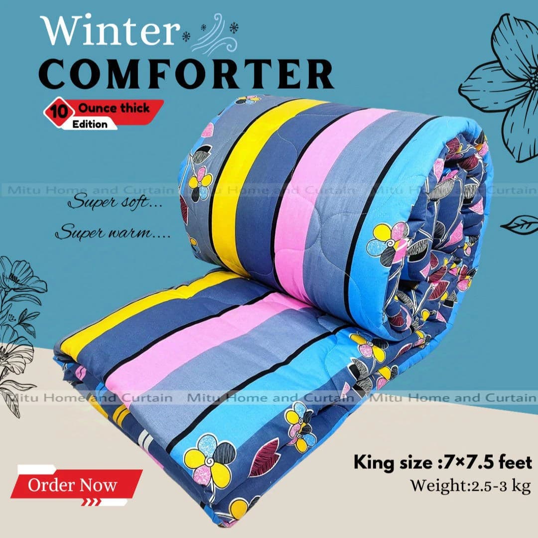 King Size Exclusive Cotton Fabric Winter Comforter with European Cube Design, 84*90 in / 7*7.5 ft (Blue Flower Art)
