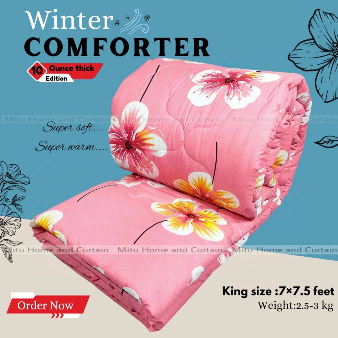King Size Exclusive Cotton Fabric Winter Comforter with European Cube Design, 84*90 in / 7*7.5 ft (Sweet Pink Flower)