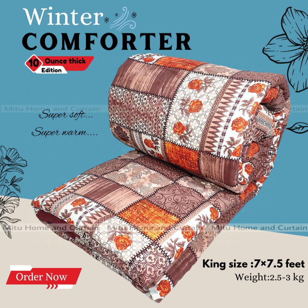 King Size Exclusive Cotton Fabric Winter Comforter with European Cube Design, 84*90 in / 7*7.5 ft (Brown Flower Art)