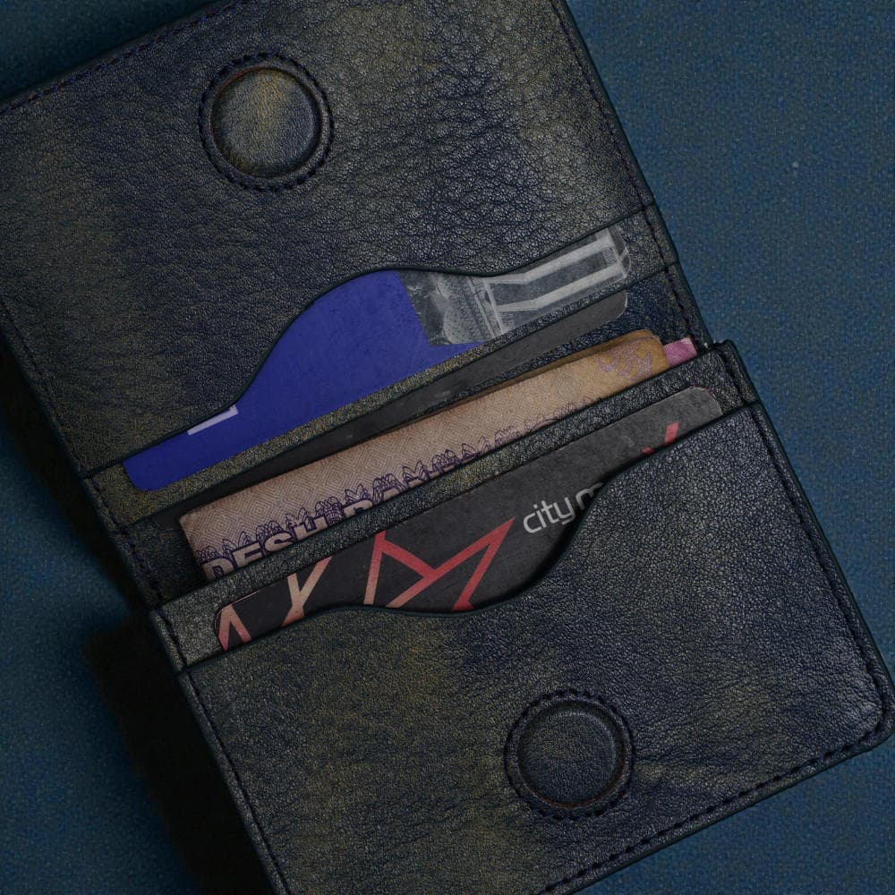 Zays Premium Leather Magnetic Card Holder - Slim and Eco-Friendly Mini Wallet for Unisex - Handmade Secure Compact and Stylish Design (ZCW118-Navy Blue Mix)