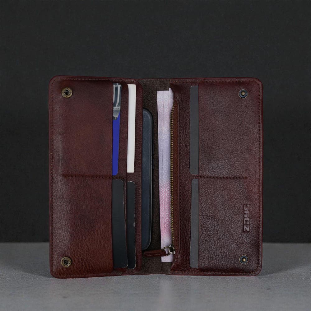 Zays Premium Genuine Leather Long Wallet for Unisex - Elegant Design Spacious Card and Mobile Slots - Durable Full Grain Leather (ZLW104-Antique Brown)