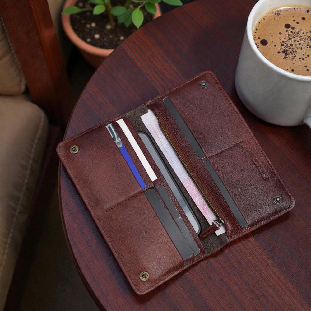 Zays Premium Genuine Leather Long Wallet for Unisex - Elegant Design Spacious Card and Mobile Slots - Durable Full Grain Leather (ZLW104-Antique Brown)