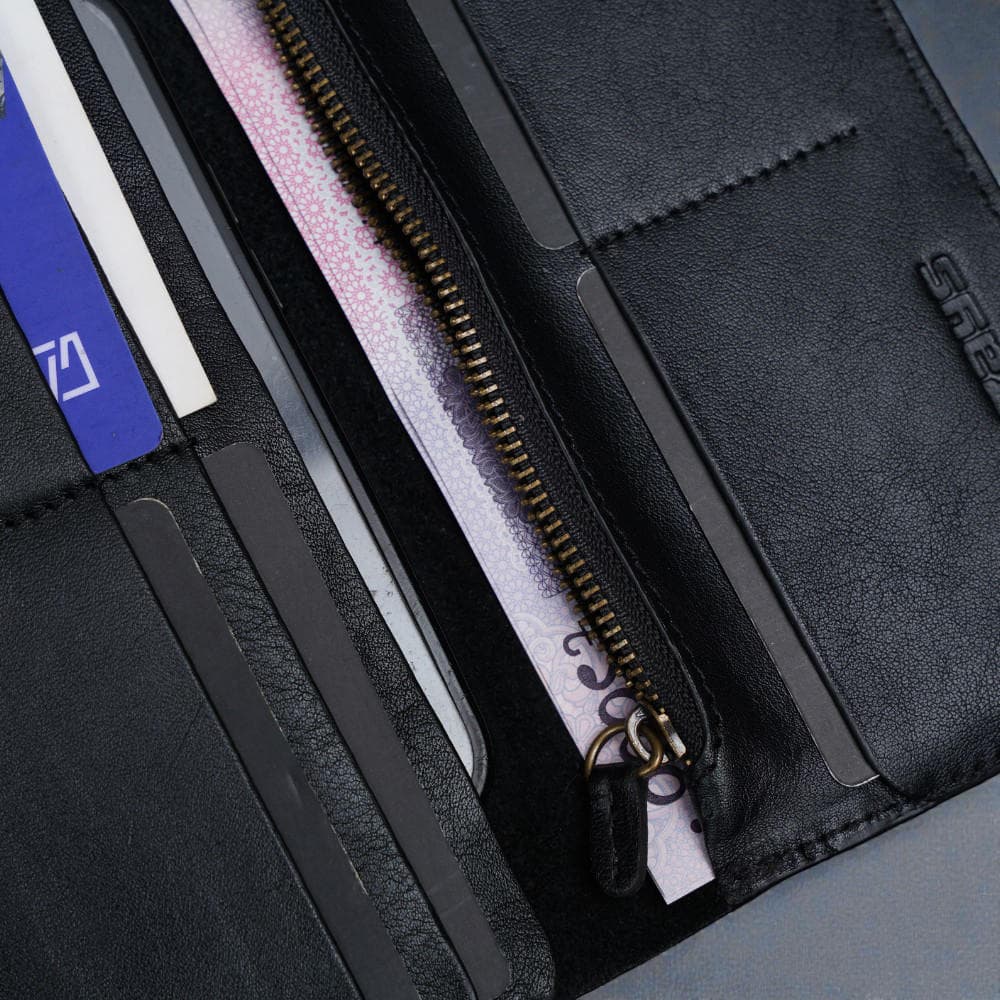 Zays Premium Genuine Leather Long Wallet for Unisex - Elegant Design Spacious Card and Mobile Slots - Durable Full Grain Leather (ZLW105-Black-II)