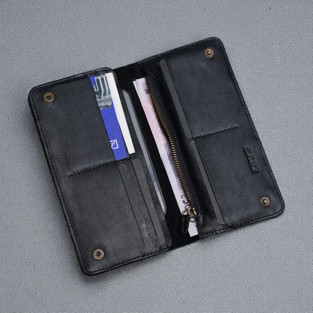 Zays Premium Genuine Leather Long Wallet for Unisex - Elegant Design Spacious Card and Mobile Slots - Durable Full Grain Leather (ZLW105-Black-II)
