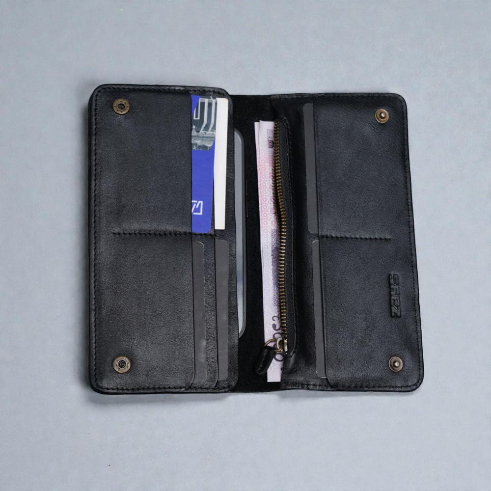 Zays Premium Genuine Leather Long Wallet for Unisex - Elegant Design Spacious Card and Mobile Slots - Durable Full Grain Leather (ZLW105-Black-II)