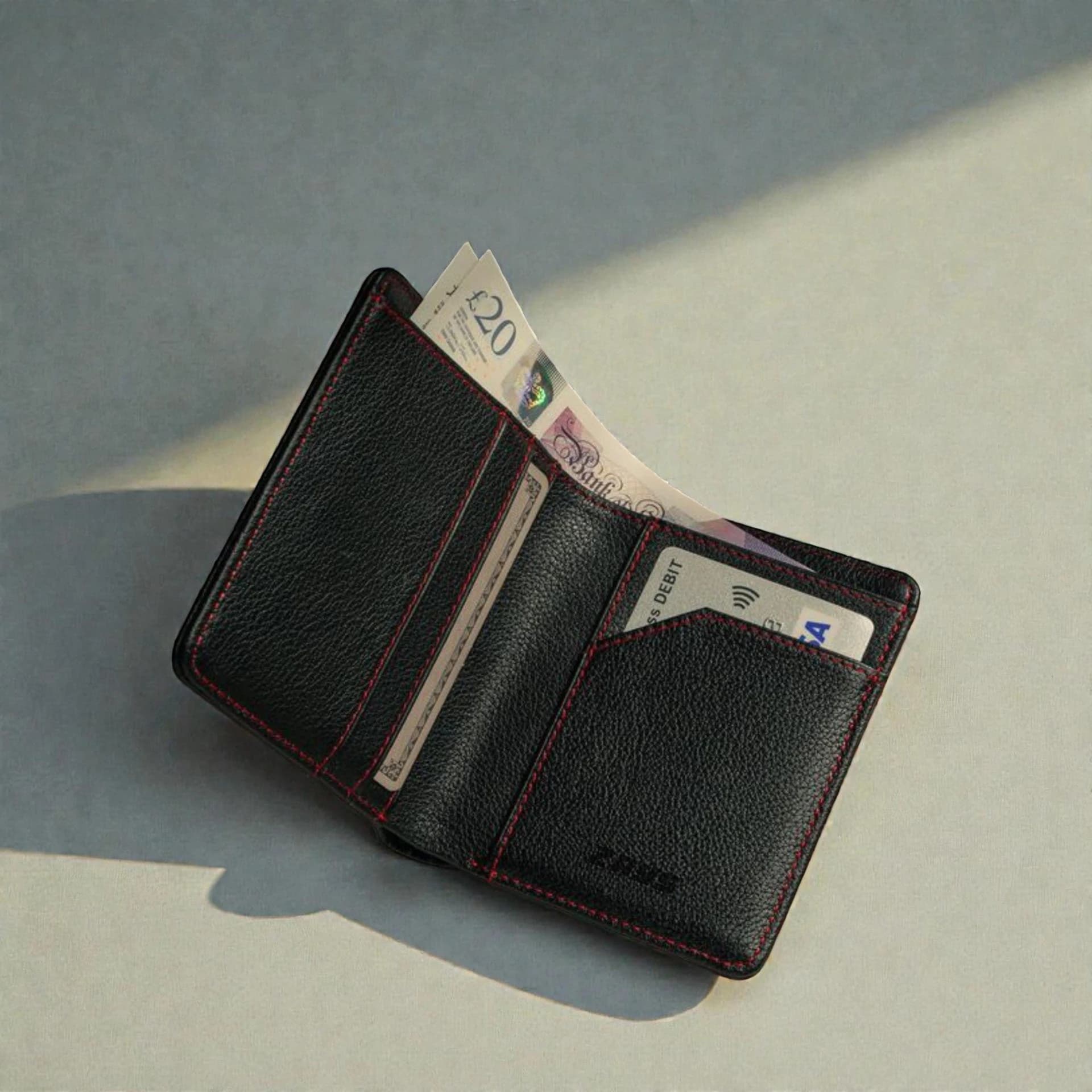 Zays Premium Handcrafted Slim Bifold Leather Short Wallet for unisex - Personalized Top-Grain Leather Wallet - Compact Durable Stylish - ZSW124-Black Red Suta