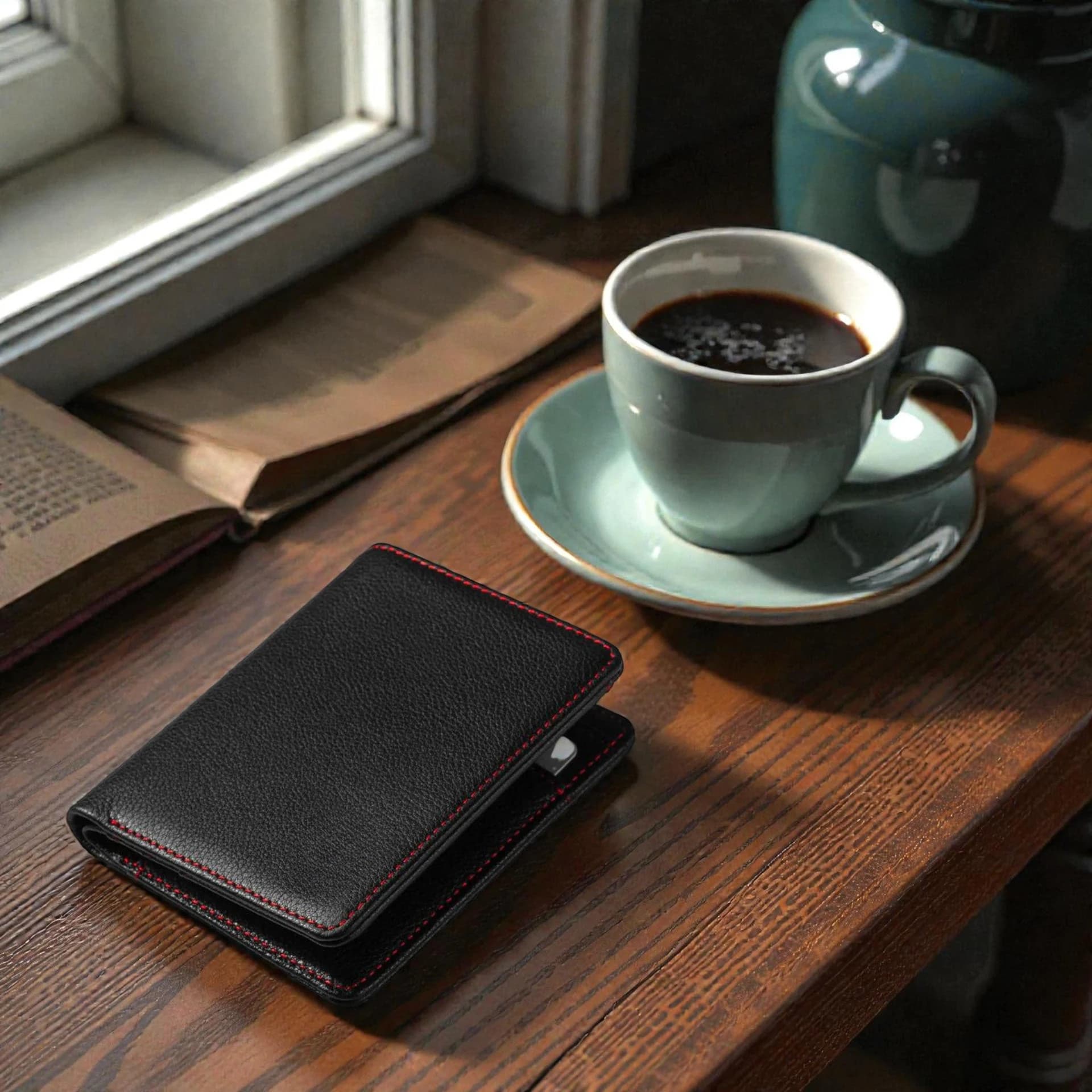 Zays Premium Handcrafted Slim Bifold Leather Short Wallet for unisex - Personalized Top-Grain Leather Wallet - Compact Durable Stylish - ZSW124-Black Red Suta