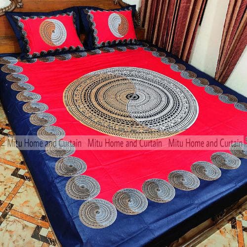 King Size Full Panel Cotton Bedsheet Set with Pillow Covers Chador Set (Red & Blue Art)