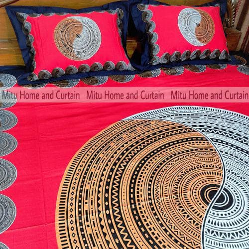 King Size Full Panel Cotton Bedsheet Set with Pillow Covers Chador Set (Red & Blue Art)