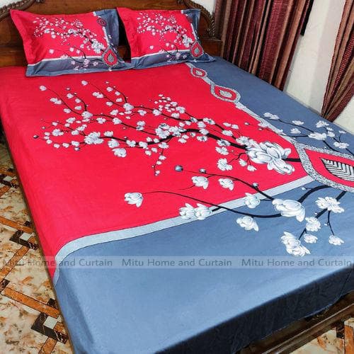 King Size Full Panel Cotton Bedsheet Set with Pillow Covers Chador Set (Red & Ash Leaf)