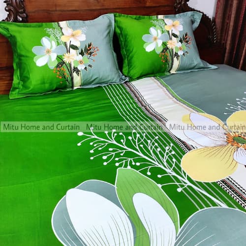 King Size Full Panel Cotton Bedsheet Set with Pillow Covers Chador Set (Green Shed Flower)