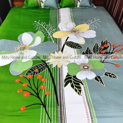 King Size Full Panel Cotton Bedsheet Set with Pillow Covers Chador Set (Green Shed Flower)