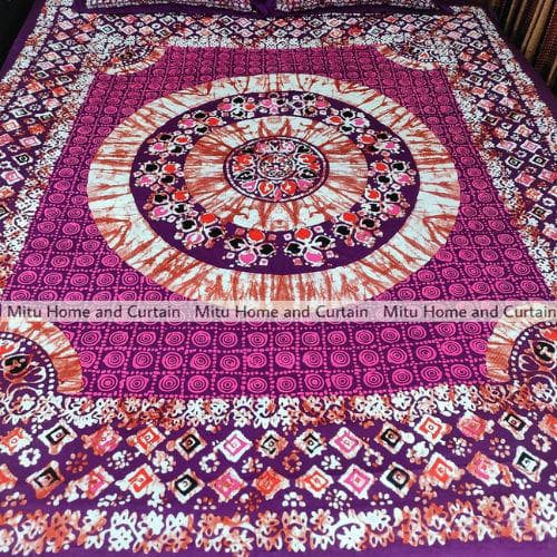 King Size Full Panel Cotton Bedsheet Set with Pillow Covers Chador Set (Purple Art)