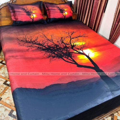 King Size Full Panel Cotton Bedsheet Set with Pillow Covers Chador Set (Sun Set Art)