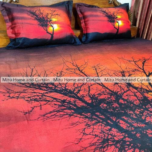 King Size Full Panel Cotton Bedsheet Set with Pillow Covers Chador Set (Sun Set Art)