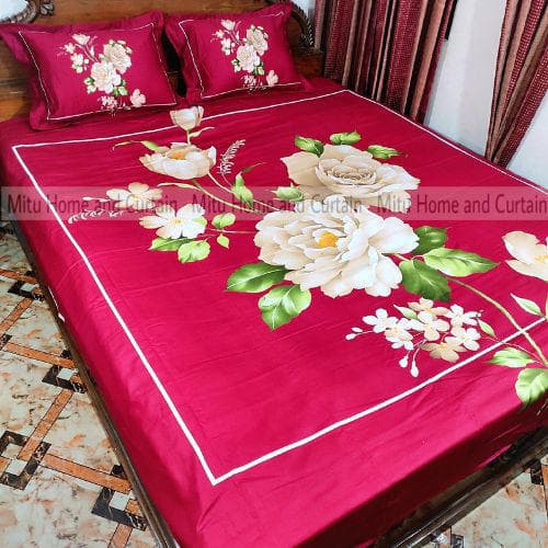 King Size Full Panel Cotton Bedsheet Set with Pillow Covers Chador Set (Maroon Flower Art)