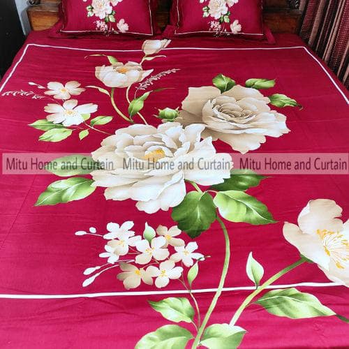 King Size Full Panel Cotton Bedsheet Set with Pillow Covers Chador Set (Maroon Flower Art)