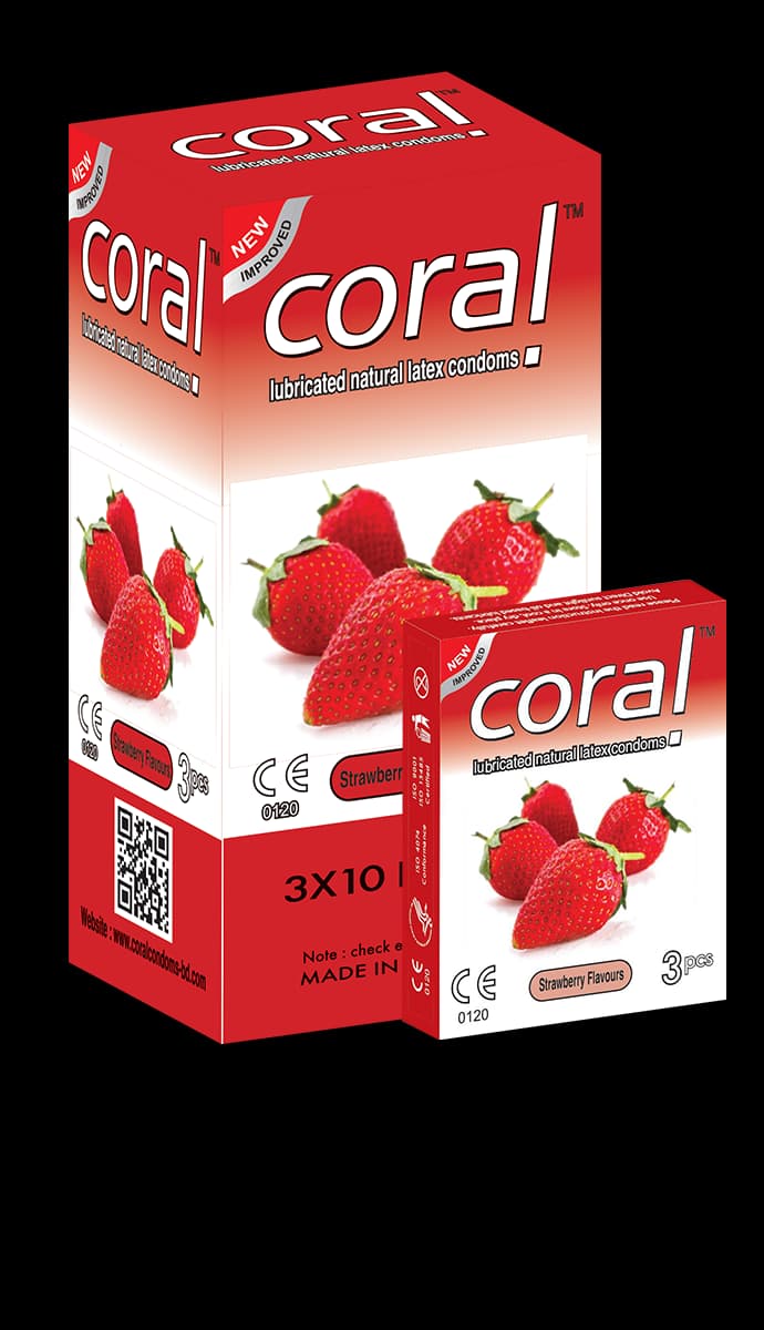 Coral Strawberry Flavors Lubricated Natural Latex Condoms Full Box (30 Pcs)