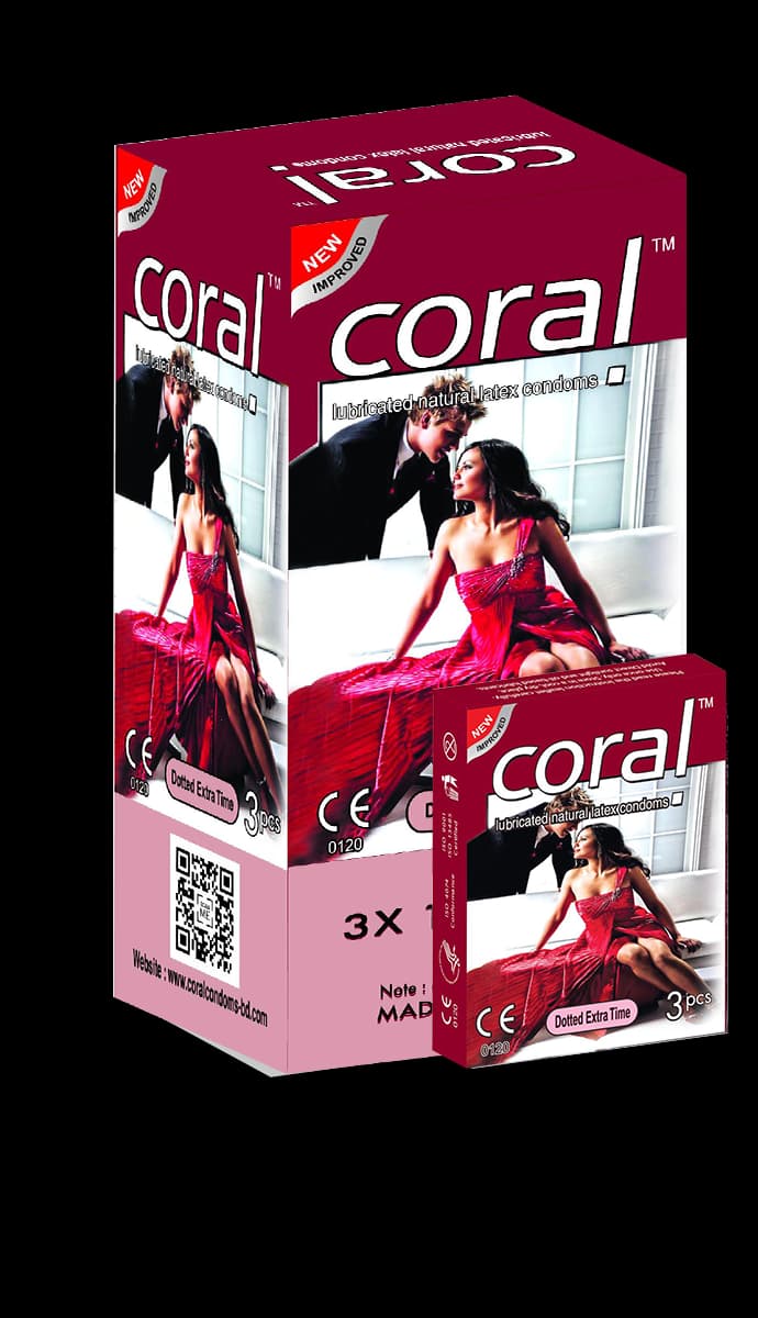 Coral Dotted Extra Time Lubricated Natural Latex Condoms Full Box (30 Pcs)