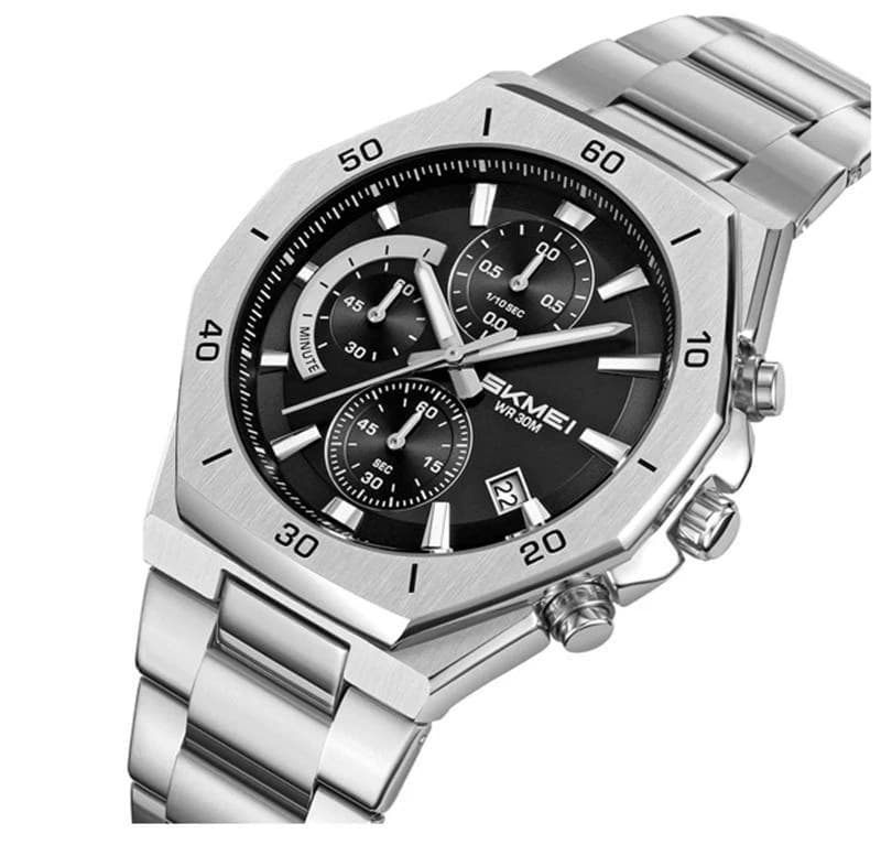 Skmei 2452 Chronograph Luminous Stainless Steel Quartz Watch for Men- Silver Black
