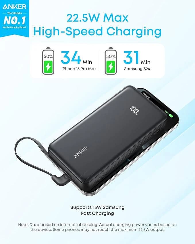 Anker Zolo A110E 20000mAh 22.5W Fast Charging Power Bank with USB-C Cable [Black]