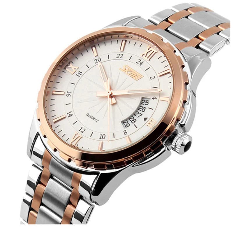 Skmei 9069 Luminous Needles Stainless Luxury Men’s Watch-Silver & Rose Gold