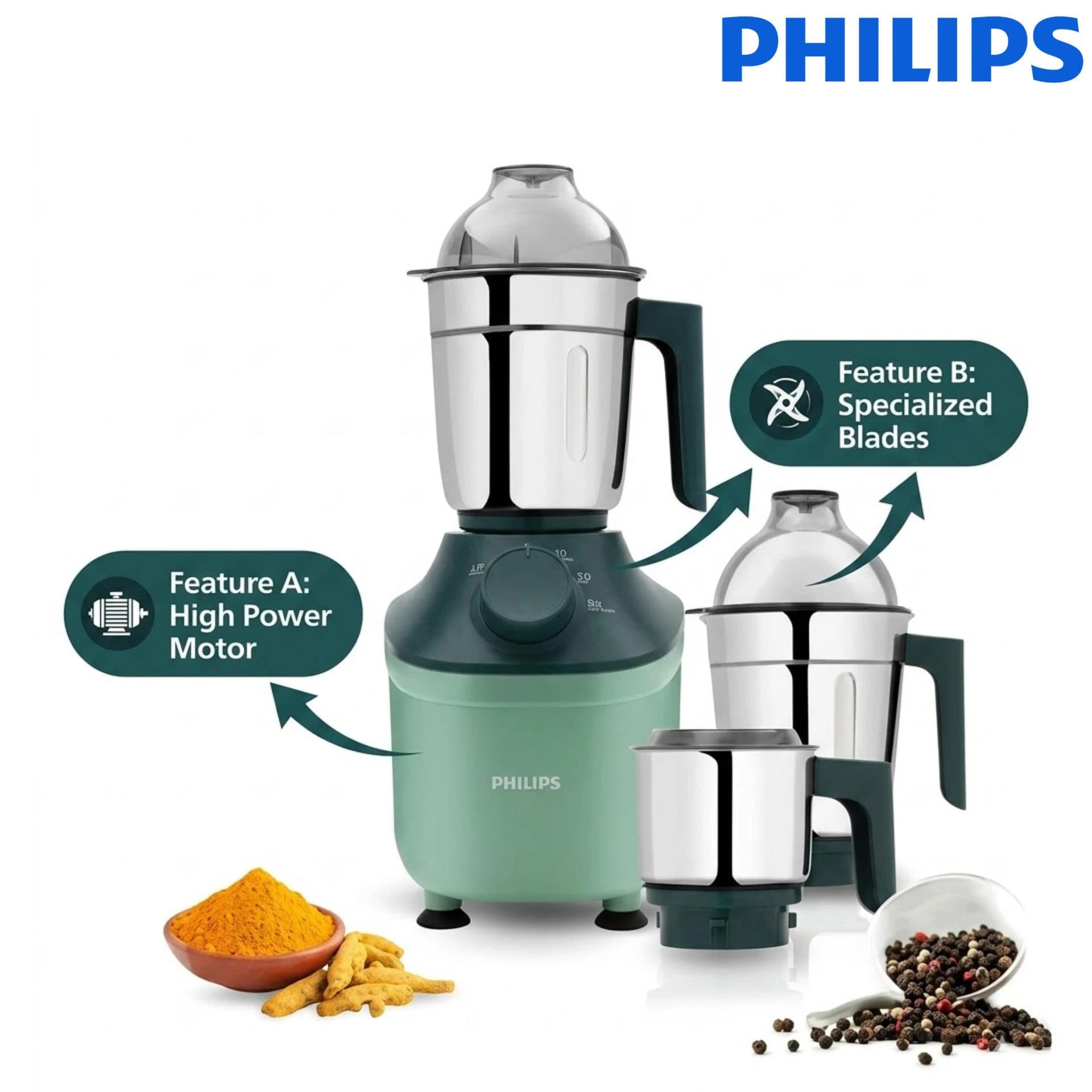 Philips HL7773/02 Mixer Grinder 800W | 3 Stainless Steel Jars | MicroGrind Technology | Green