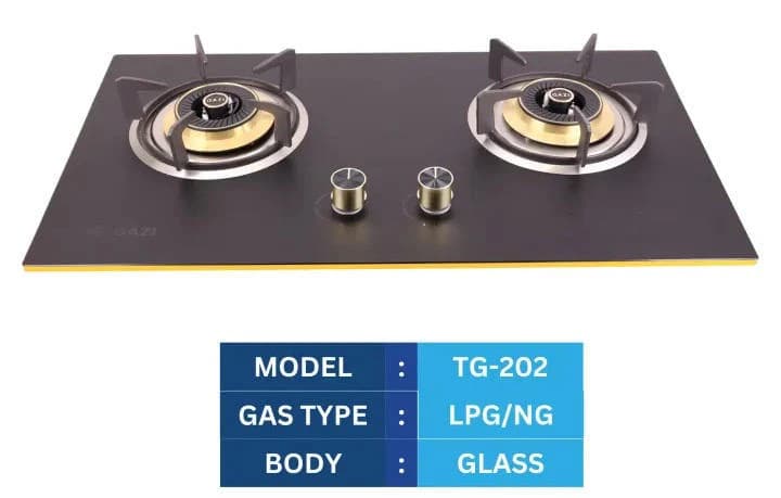 Gazi Smiss TG-202 Double Burner Gas Stove – Auto Ignition, Tempered Glass LPG/NG Supported