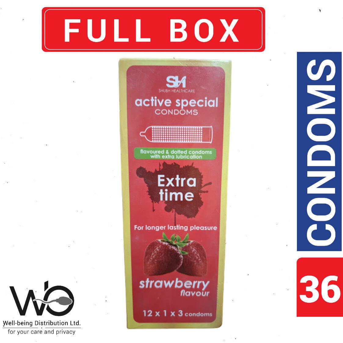 Active Condoms - Strawberry Flavor Condom - Full Box - 3x12=36pcs Condom (Made in India)