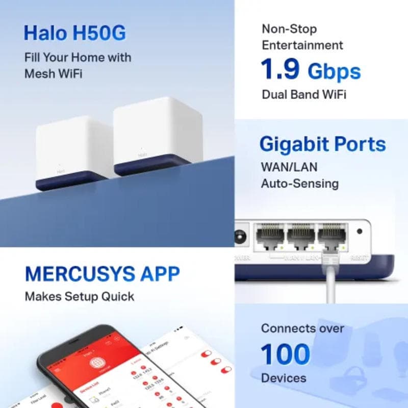 MERCUSYS HALO H50G AC1900 Mbps Gigabit Dual-Band Wi-Fi 5 Mesh Router (2-Pack)