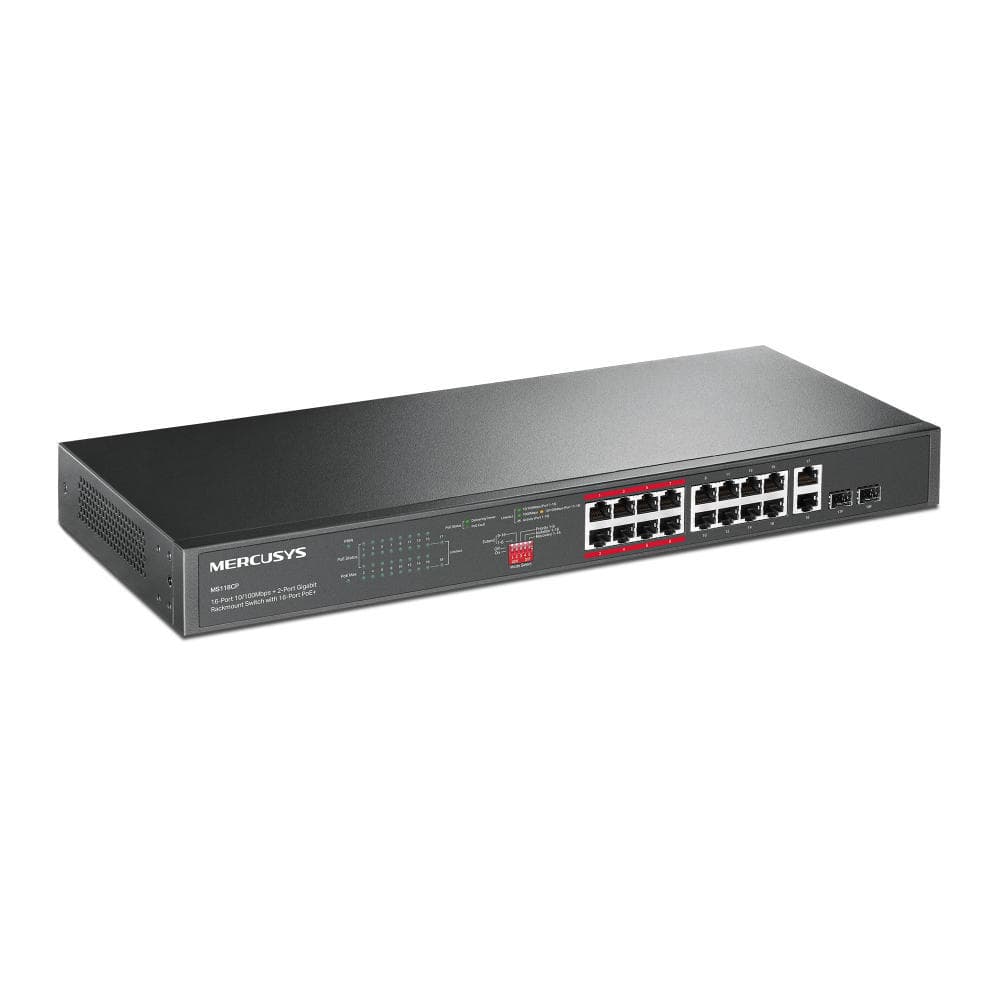 Mercusys MS118CP 16-Port 10/100Mbps + 2-Port Gigabit Rackmount Switch with 16-Port PoE+