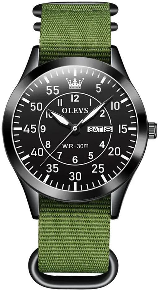Olevs 9973 Day Date Nylon Strap Men’s Watch - Green Black