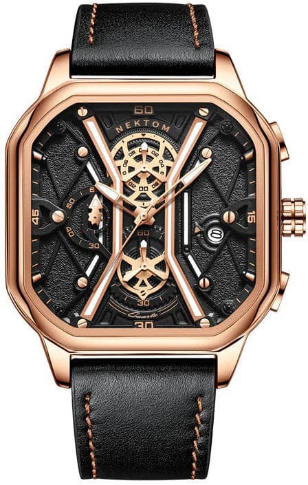 Nektom 8238 Leather Multifunctional Watch for Men - Gold