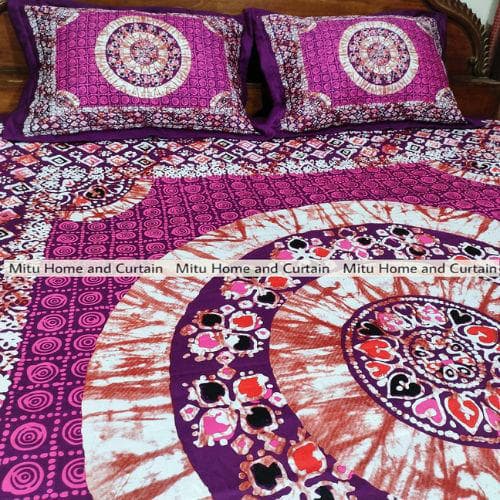 King Size Full Panel Cotton Bedsheet Set with Pillow Covers Chador Set (Purple Art)
