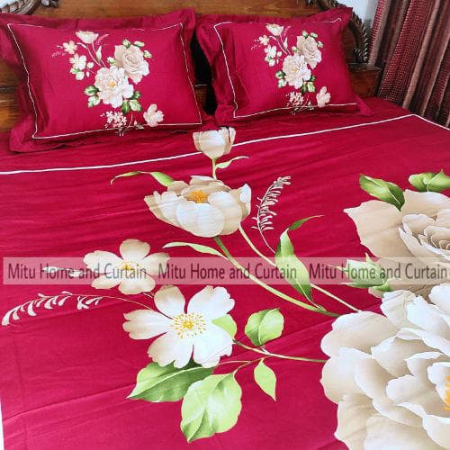 King Size Full Panel Cotton Bedsheet Set with Pillow Covers Chador Set (Maroon Flower Art)