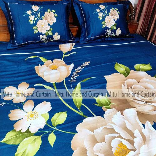 King Size Full Panel Cotton Bedsheet Set with Pillow Covers Chador Set (Deep Blue Flower)